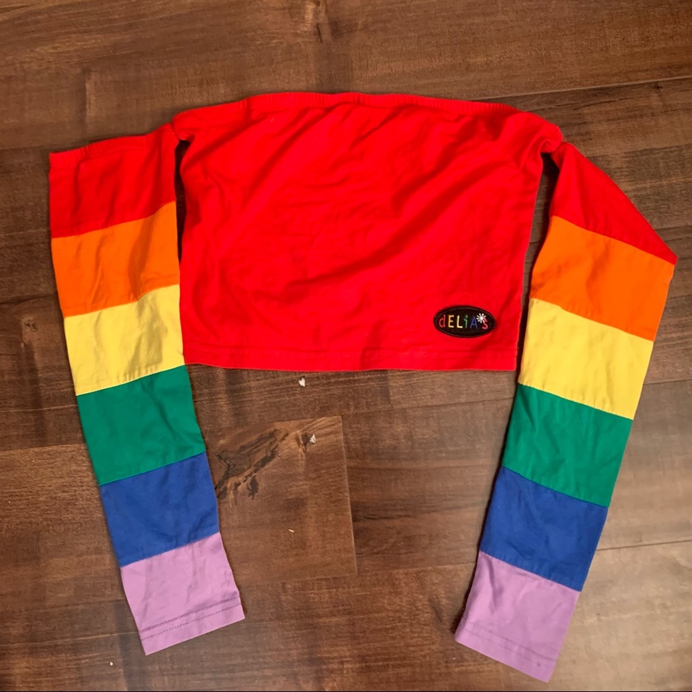 Rainbow off the should crop top